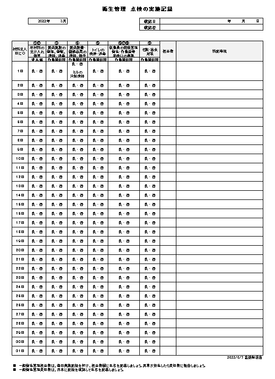 衛生管理実施記録書